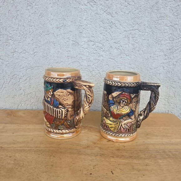 Vintage Ceramic Beer Stein Set - 2 Mugs w/ Man & Woman Print - German Style - Picture 1 of 5